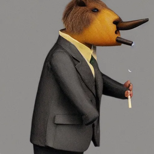 Image similar to a high detail photo of an antropomorphic capybara wearing a suit smoking a cigarrette, subject= duck, subject detail: wearing a suit, subject action: smoking a cigarrette photorealism