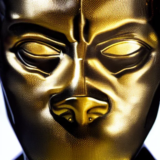 Image similar to a close up photo of a detailed golden statue of Black Panther, 8K,