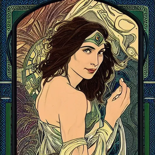Image similar to “a tarot card of Gal Gadot, in the style of Alphonse Mucha”
