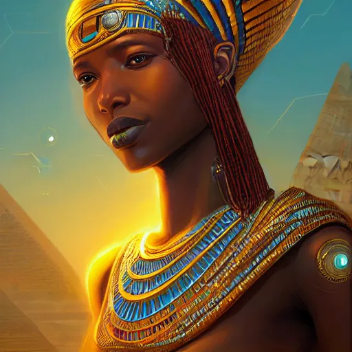 Image similar to highly detailed portrait of an african egyptian goddess, intricate alien technology, stephen bliss, unreal engine, fantasy art by greg rutkowski, loish, rhads, ferdinand knab, makoto shinkai and lois van baarle, ilya kuvshinov, rossdraws, tom bagshaw, global illumination, radiant light, detailed and intricate environment