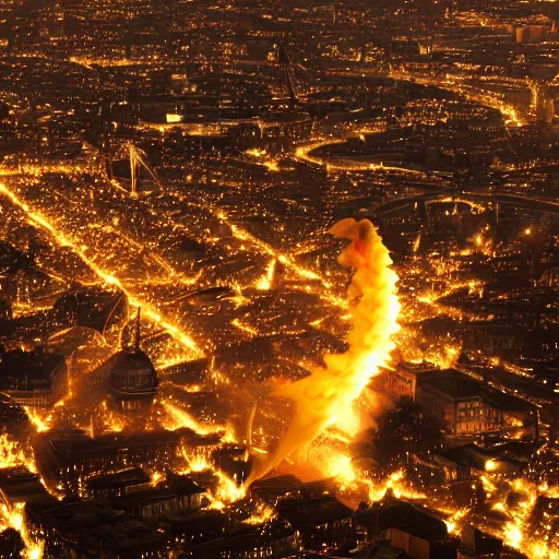 Image similar to bombing raid from aerial view world war 2 fire, london, volumetric lighting, nighttime