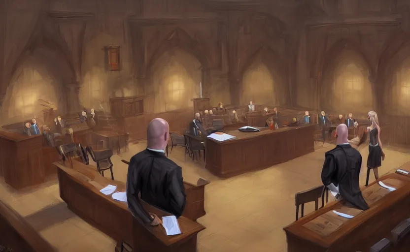 Image similar to courtroom, trial of a bald man! in a skirt! and black stockings!!, no blur, 4 k resolution, ultra detailed, style of marc simonetti, tyler edlin, deviantart