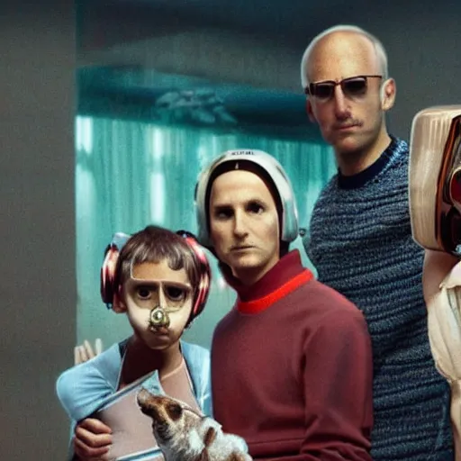 Image similar to the royal tenenbaums in a cyberpunk future, photorealistic, detailed, family portrait