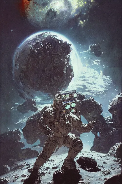 Image similar to pulp scifi fantasy illustration full body portrait of martyn ford as huge monstrous demon smashing spaceship on the moon, by norman rockwell, jack kirby, bergey, craig mullins, ruan jia, jeremy mann, tom lovell, marvel, astounding stories, 5 0 s