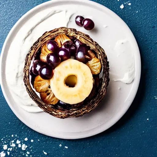 Prompt: half a banana in a pineapple ring covered in yogurt with a grape on top, food photography