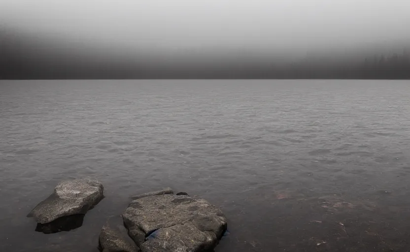 Image similar to extreme low angle camera lens partially submerged in water showing the surface of a lake with a rocky lake shore in the foreground, scene from a film directed by charlie kaufman ( 2 0 0 1 ), foggy volumetric light morning, extremely moody, cinematic trending on artstation in the style of greg rutkowski, shot on anamorphic lenses