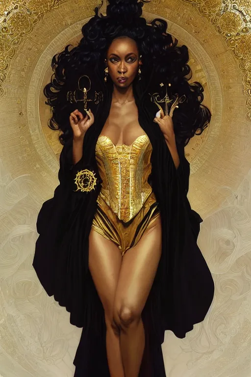 Prompt: Full Portrait of a Holy Necromancer, black female, visible pretty face, beautiful, golden robes, white pants, exquisite black accessories, golden corset, highly detailed, smooth, sharp focus, digital painting, illustration, fantasy, by Krenz Cushart and Artem Demura and alphonse mucha, artstation, cgsociety