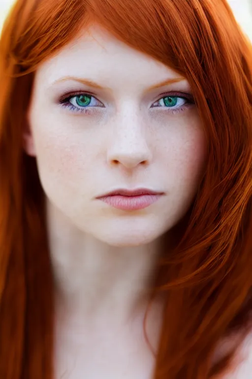 Image similar to a portrait of a redhead beautiful girl, green eyes, highly detailed, 3 5 mm f 1. 4 background silver fir