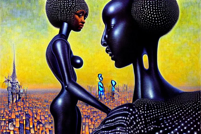 Image similar to realistic extremely detailed portrait painting of a beautiful black woman with in a dress a robot, city street on background by Jean Delville, Amano, Yves Tanguy, Ilya Repin, William Holman Hunt, Ernst Haeckel, Edward Robert Hughes, Roger Dean, rich moody colours