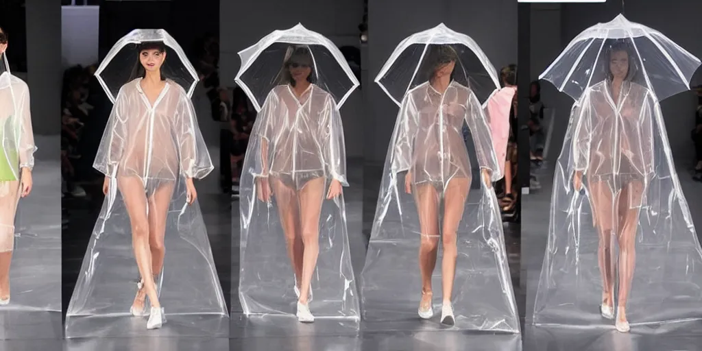 Image similar to catwalk fashion in transparent raincoats holding transparent umbrellas