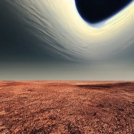 Image similar to Ground view of the surface of an exoplanet, sharp, detailed, clouds, exotic endless horizon, beautiful landscape, award winning photography