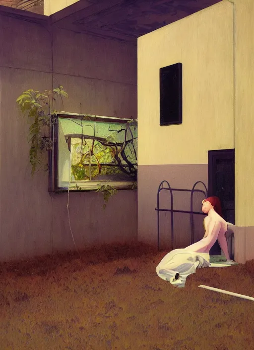 Image similar to time does not exist anymore by edward hopper and james gilleard, zdzislaw beksinski, overgrown vegetation, open ceiling, highly detailed, painted by francis bacon, painted by james gilleard, airbrush, ilya kuvshinov, wlop, stanley artgerm, very coherent, art by takato yamamoto and james jean