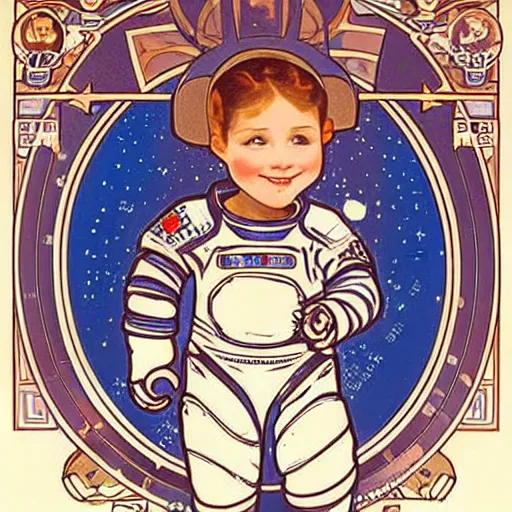 Image similar to a cute little girl with a round cherubic face, blue eyes, and short wavy light brown hair smiles as she floats in space with stars all around her. she is an astronaut, wearing a space suit. beautiful cartoon painting with highly detailed face by alphonse mucha and quentin blake