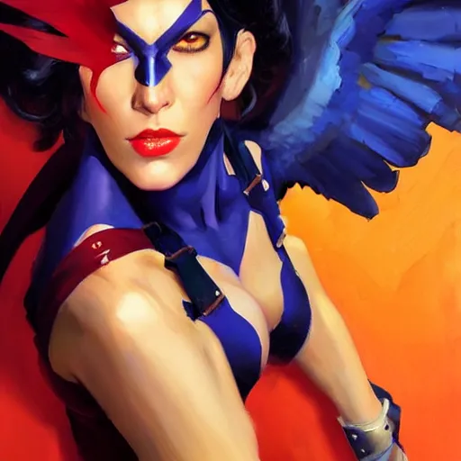 Prompt: greg manchess portrait painting of raven darkholme alias mystique as overwatch character, medium shot, asymmetrical, profile picture, organic painting, sunny day, matte painting, bold shapes, hard edges, street art, trending on artstation, by huang guangjian and gil elvgren and sachin teng