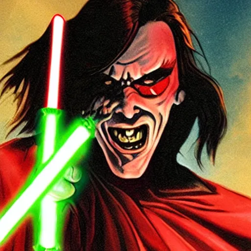 Image similar to morbius with a lightsaber in his hands