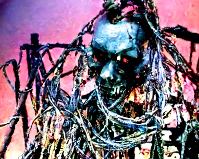 Image similar to rotten zombie jack sparrow [ covered in wires ] emerges from a cybercore portal in my disgusting room in the basement, 1 6 mm