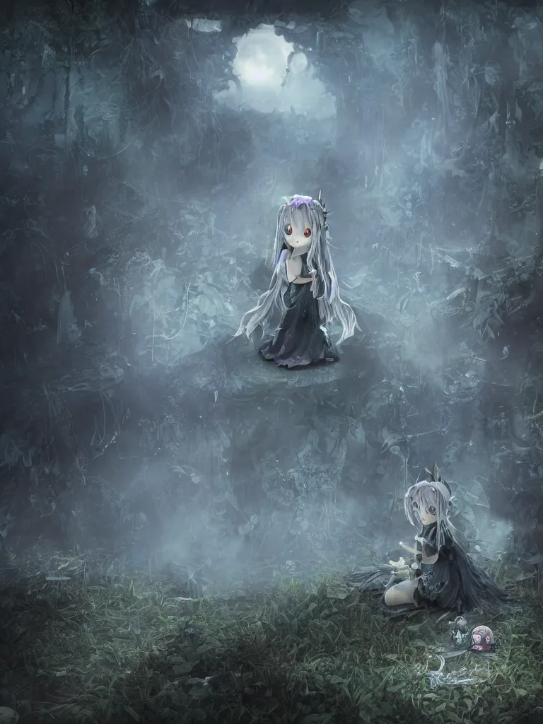 Image similar to cute fumo plush of a frail cursed witch girl wandering the depths of the forbidden jungle, gothic wraith maiden, wispy smoke and volumetric fog on the reflective surface of a pond, delapidated ruins, filmic, symmetric beauty, moonlight midnight glow, vignette, vray