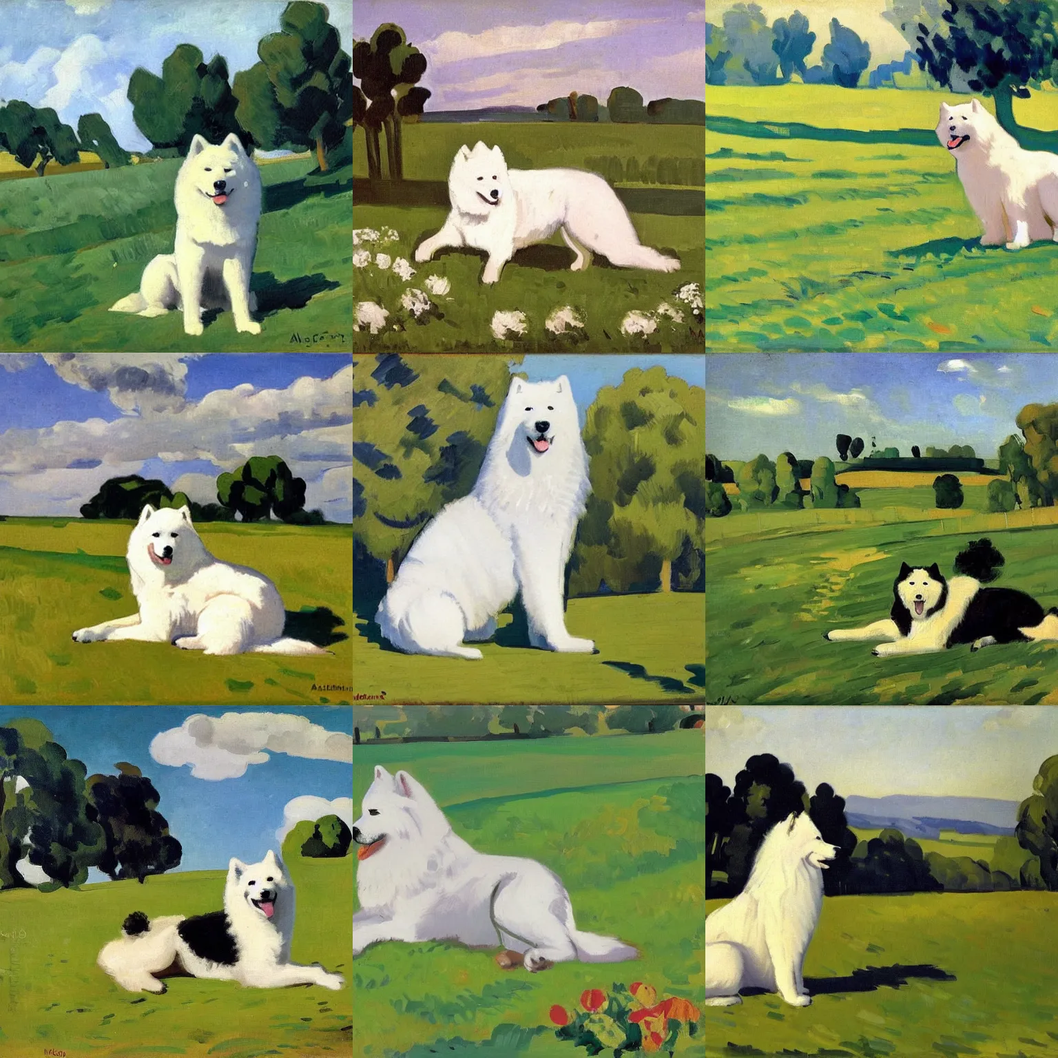 Prompt: a samoyed dog sitting in the middle of sunny meadow, by albert marquet