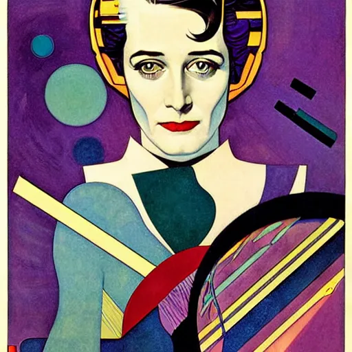 Image similar to Art by Coles Phillips, Portrait of Eva Green as Space Commander Zeta from the Year 3000, Mucha, Kandinsky, indigo, teal, gold