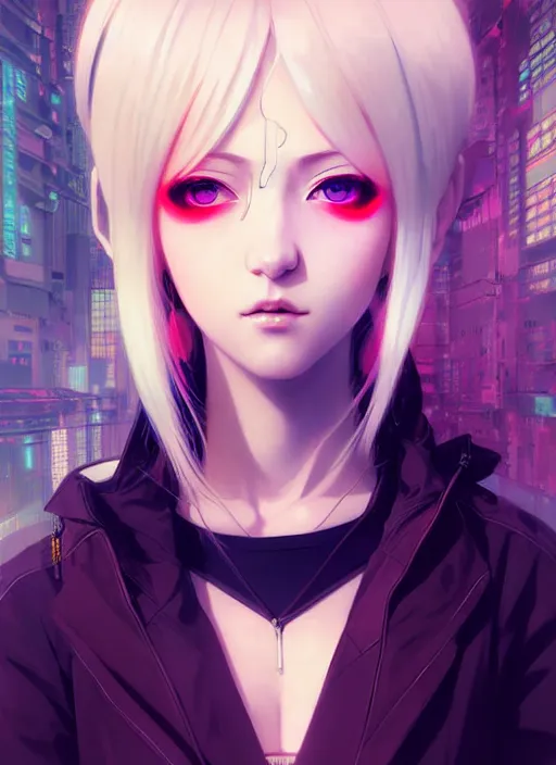 Image similar to portrait Anime girl cyberpunk, cute-fine-face, white-hair pretty face, realistic shaded Perfect face, fine details. Anime, cyberpunk. realistic shaded lighting by Ilya Kuvshinov and Gustav Klimt