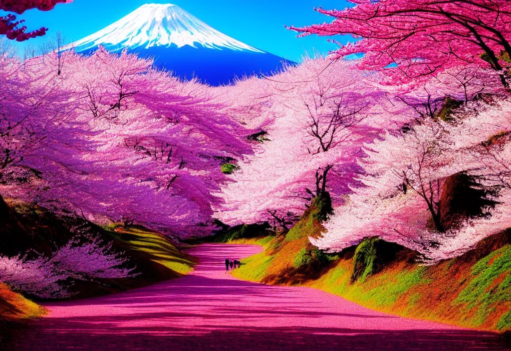 Image similar to a real photographic landscape painting with incomparable reality, wide angle, in forest, flowers, cherry blossom tree in full bloom, bright style, mount fuji, clearing, magnificent, artstation