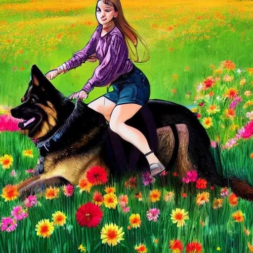 Prompt: girl riding a giant German shepherd in a field of flowers, trending on artstation