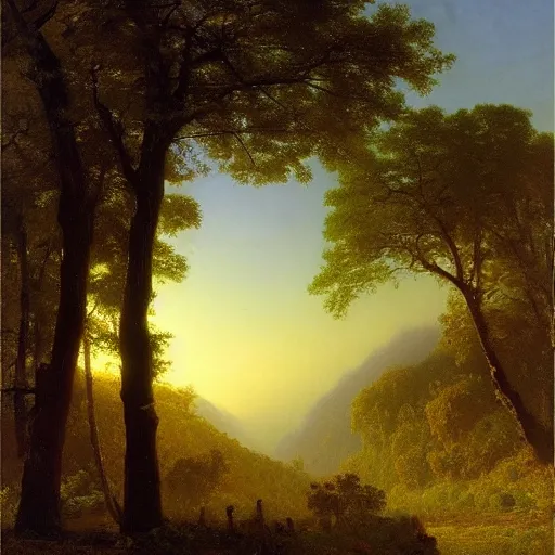 Image similar to scenic landscape of a valley at dawn, Albert Bierstadt, inspiring, realistic painting