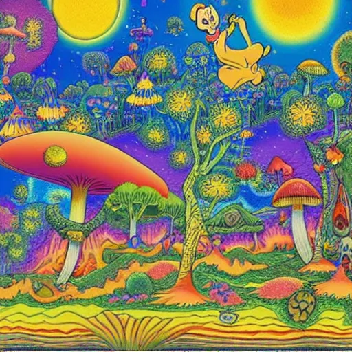 Image similar to psychedelic trippy couch in the lush forest, planets, flowers, mushrooms milky way, sofa, cartoon by carl barks