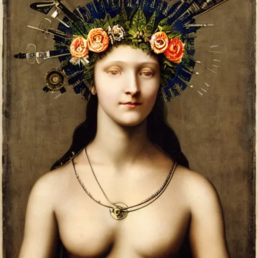 Prompt: portrait of a beautiful young cyborg woman with a big steampunk flower crown and part mechanical face , Metropolis, by Leonardo Da Vinci in the style of Man Ray