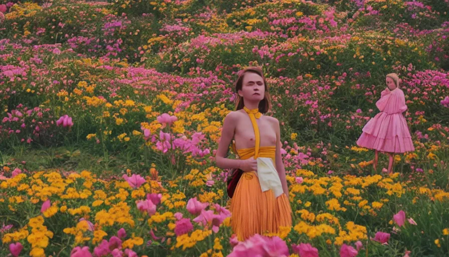 Prompt: , movie still by wes anderson of a beautiful girl wearing gucci exploring a magical field of flowers, glowing temple in the distance, cinestill 8 0 0 t eastmancolor technicolor, high quality, very detailed, heavy grain, fine facial features, 8 k, octane render