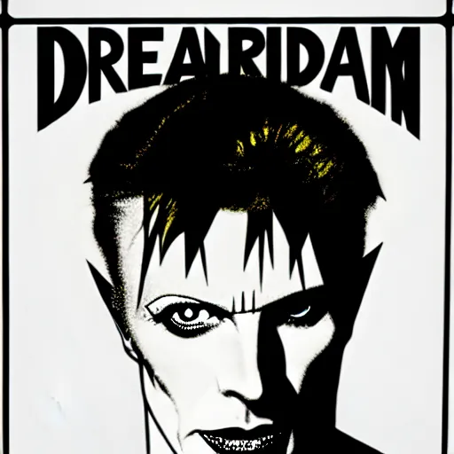 Prompt: vector art solarized screenprint of trent reznor as david bowie as dream of the endless ( sandman ) by brian bolland and andy warhol