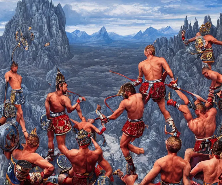 Image similar to wide angle shot from above of silver ornate armor slim muay thai handsome warriors in battle!!! mountains and giant gothic abbeys in the background, hyperrealism, fine detail, 8 k, high contrast color scheme, blue at the background red at the foreground!!!, dynamic perspective, oil canvas by mandy jurgens and michael whelan