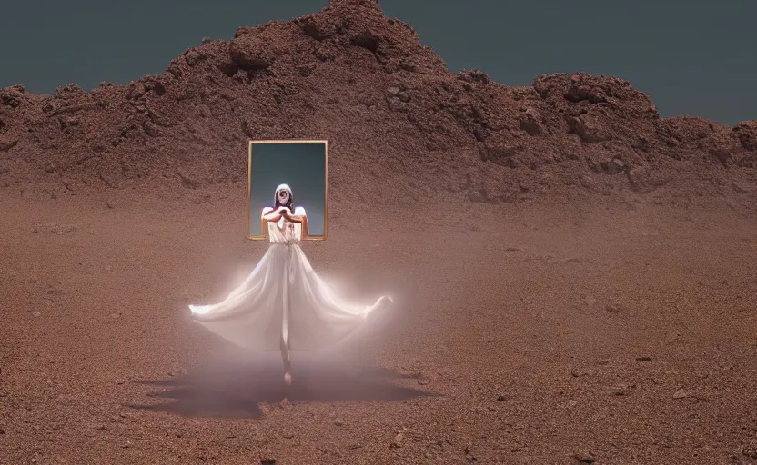 Image similar to levitating woman with fractal mirror dress with white flowers and full - face golden mask inside a thick black smoke in rocky desert landscape, sand alien city in the landscape, burning earth by gaspar noe and christopher doyle, anamorphic lens, anamorphic lens flares, kodakchrome, cinematic composition, practical effects, award winning photo, 8 k