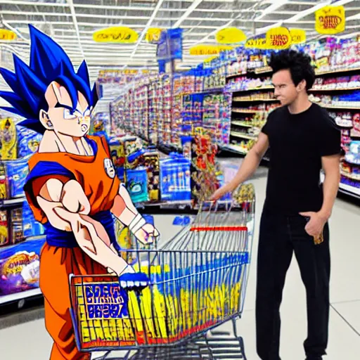 Prompt: Goku and Vegeta shopping at Walmart