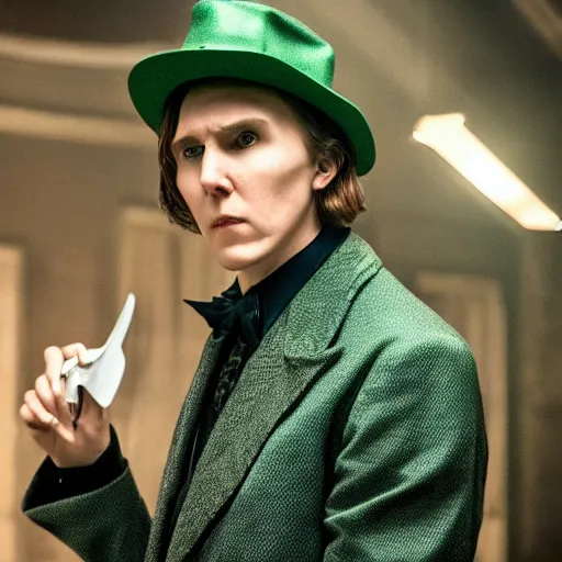 Prompt: film still of Paul Dano as Riddler in a The Batman movie, 4k, dark muted colors!!!!!, low saturation!!!!!, low saturation, dim lighting!!!, heavy shadows!!!, grainy footage