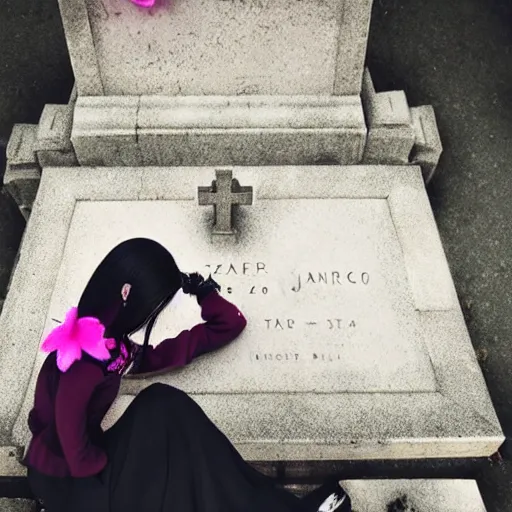 Image similar to cloudy cemetary with pink petals on the floor, goth woman sitting down, intricate details, complementary lighting, detailed face, backlighting, octane render, raytraced, depth of field, beautiful face, extremely detailed, trending in artstation, focus on face, sharp focus, radiant light, beautiful composition, yihao ren, zochi, zero - hour, jean paul fiction