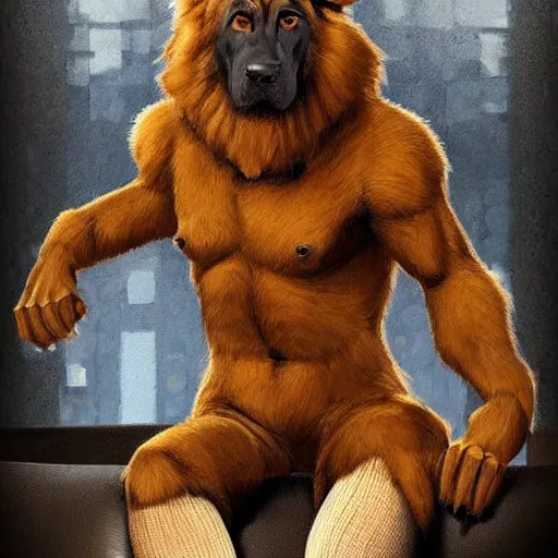 Image similar to a humanoid german shepherd beast - man, sitting on a couch and puts on socks, artstation, concept art, smooth, sharp foccus ilustration, artstation