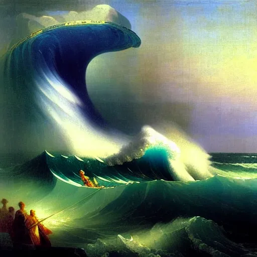 Image similar to huge ocean wave destroys numenor, by aivazovsky