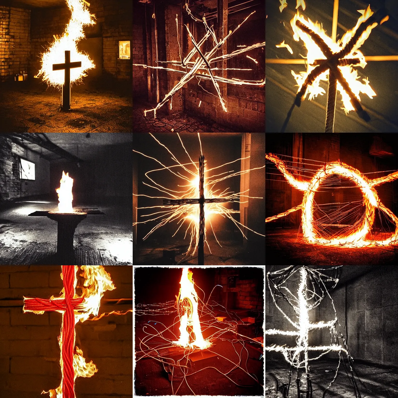 Prompt: “burning flaming cross on fire made from twisted cables in a dark concrete basement with no lights. Dark dark dark dark as night, dark night. sparks sparks sparks embers embers sparks sparks sparks sparks flying everywhere. Flash photograph.”
