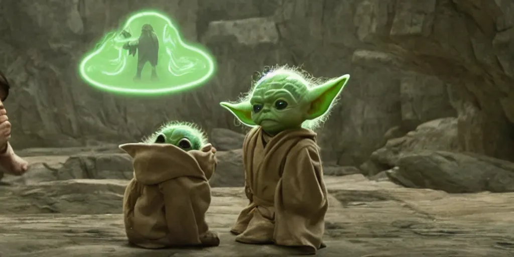 Image similar to Luke Skywalker teaches baby yoda at Jedi Temple scene from the last jedi, 2022, film by Stanley Kubrick, serene, iconic scene, stunning cinematography, hyper detailed, sharp, anamorphic lenses, kodak color film