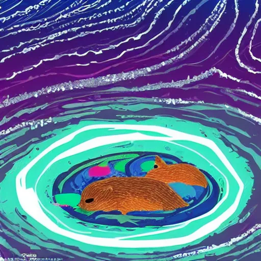 Image similar to ice rings around a beautiful planet melting into rings of rivers with otter aliens swimming through them along with lots of little colorful fish