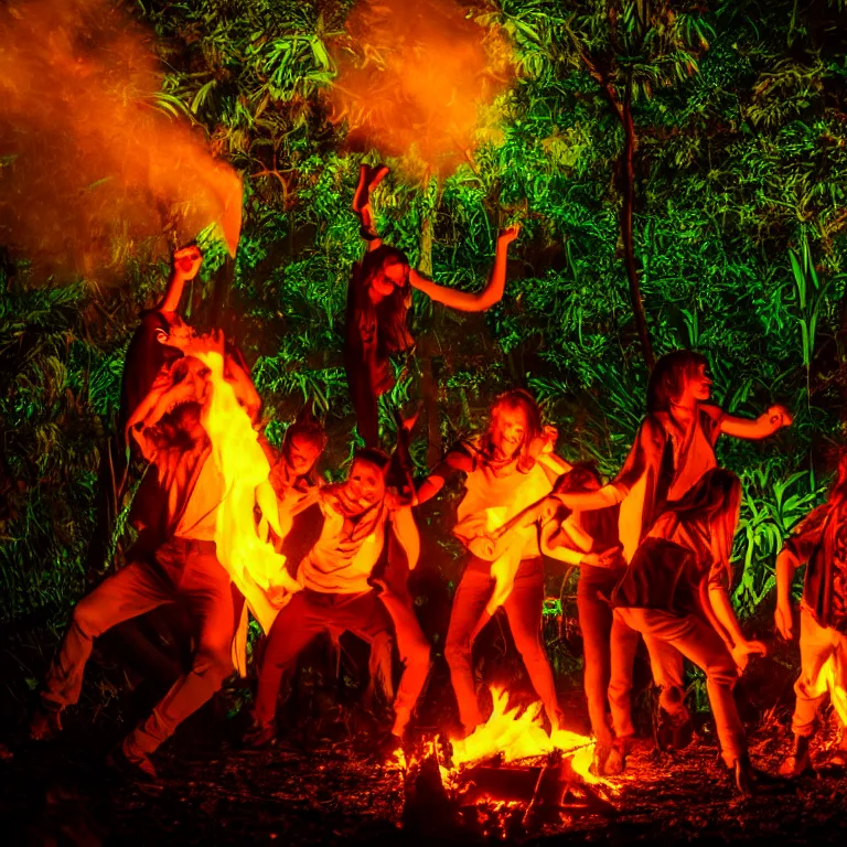 Image similar to real life 1 2 monkeys dancing around a fire in a jungle, cinematic, volumetric lighting, vivid colours, f 8 aperture, cinematic eastman 5 3 8 4 film, photorealistic