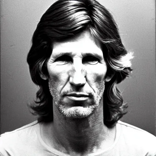 Image similar to Mugshot Portrait of Roger Waters, taken in the 1970s, photo taken on a 1970s polaroid camera, grainy, real life, hyperrealistic, ultra realistic, realistic, highly detailed, epic, HD quality, 8k resolution, body and headshot, film still, front facing, front view, headshot and bodyshot, detailed face, very detailed face