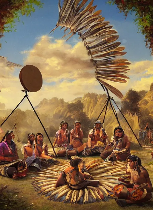 Prompt: a painting of indigenous people sitting in circle and playing music, matte painting, highly detailed, fantasy art