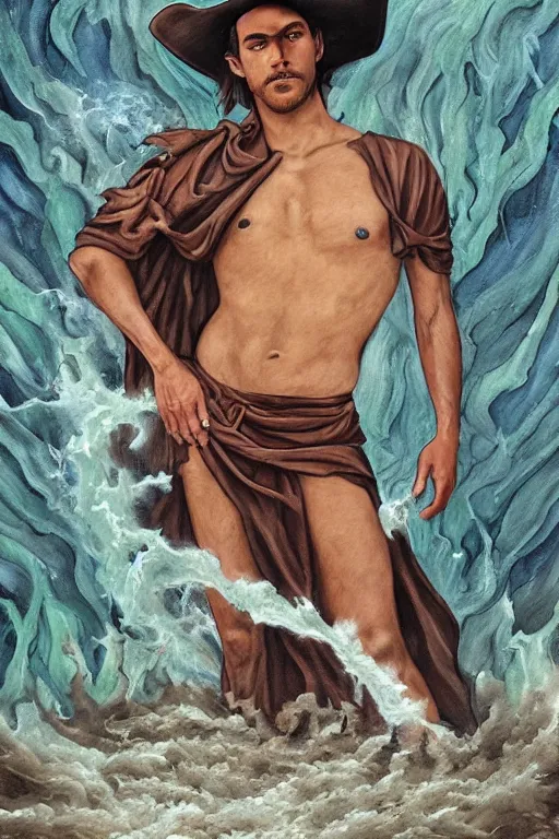 Prompt: a dramatic, epic, ethereal tarot painting of a handsome!! brown shirtless cowboy (((with a cowboy hat))) | background is a torrential flooding river | tarot card, art deco, art nouveau | by Mark Maggiori | trending on artstation