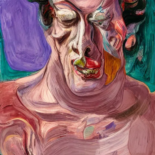 Image similar to high quality high detail expressionist painting of a man in agony by lucian freud and jenny saville and francis bacon and francisco goya and edvard munch, hd, anxiety, seated at table crying and screaming, turquoise and purple and orange and pink