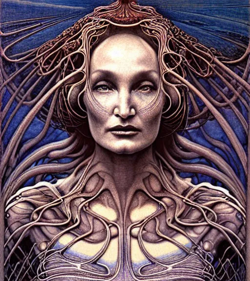 Image similar to detailed realistic beautiful young alien robot jessica lange as queen of mars face portrait by jean delville, gustave dore and marco mazzoni, art nouveau, symbolist, visionary, gothic, pre - raphaelite. horizontal symmetry by zdzisław beksinski, iris van herpen, raymond swanland and alphonse mucha. highly detailed, hyper - real, beautiful