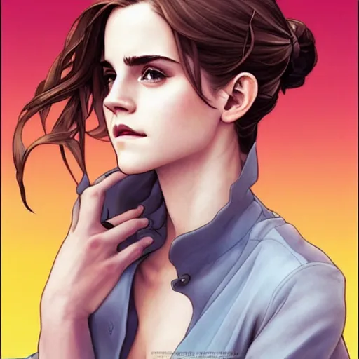 Image similar to emma watson perfect coloring, low saturation, epic composition, masterpiece, bold complimentary colors. stunning masterfully illustrated by artgerm, range murata, alphonse mucha, katsuhiro otomo
