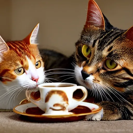 Image similar to 3 cats ( two calico and one tabby ) enjoying fancy english tea together, award winning photograph