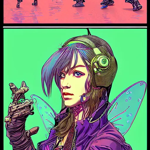 Image similar to Portrait of a cyberpunk fairy wearing cyberpunk clothes, fairy wings, retrowave, trending on artstation, very detailed, realistic, by Moebius, Laurie Greasley, Alphonse Mucha